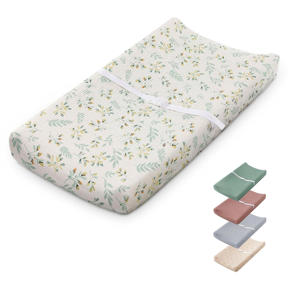 Blissful Diary Muslin Baby Changing Pad with Waterproof Lining Foam, Diaper Changing Table Pad with Cover for Dressers (Botanical Leaf, Rectangular)
