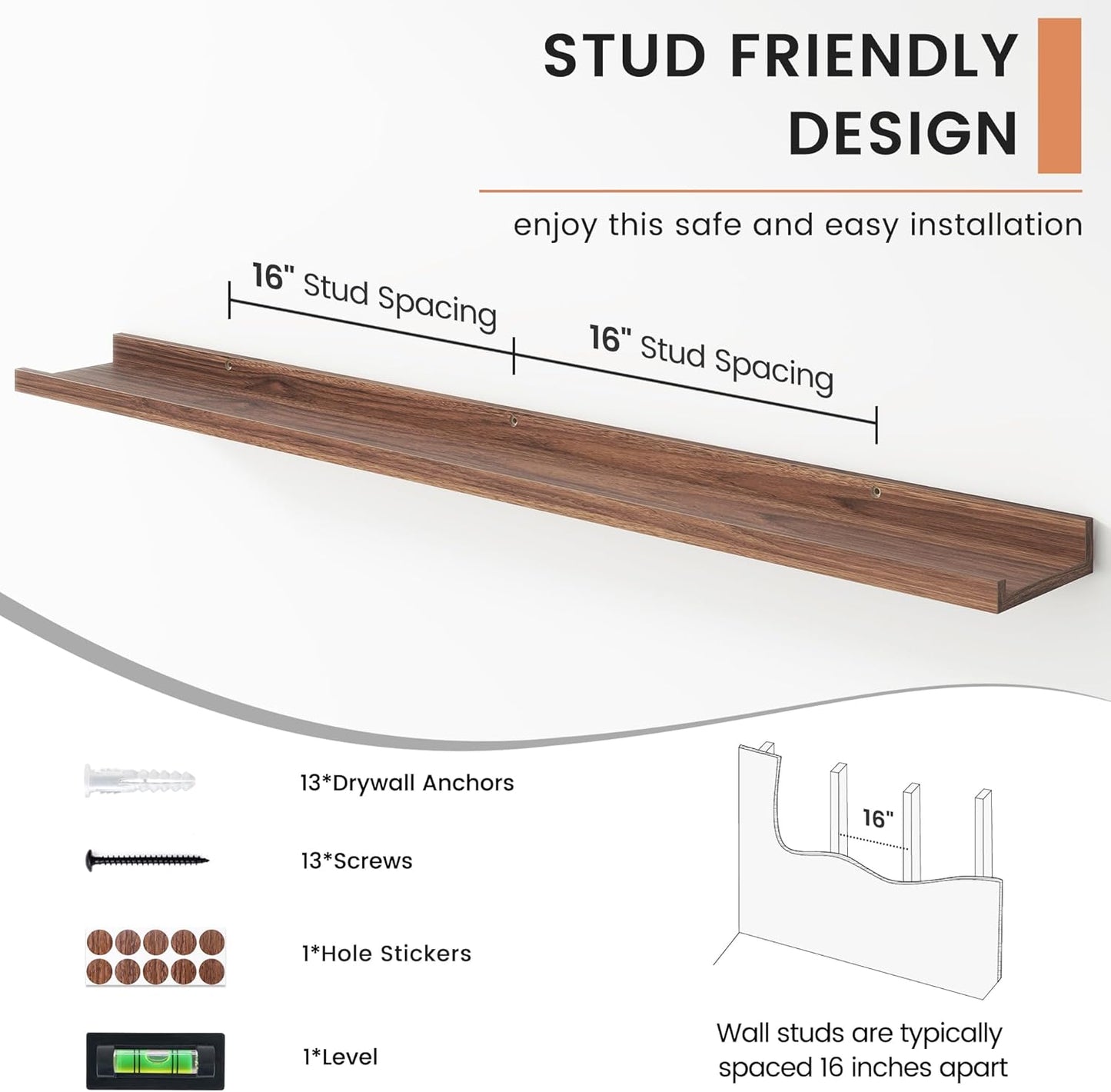 Floating Picture Ledge Shelves for Wall Set of 4, 48 Inch Wall Shelves with Lip Long Large Nursery Book Shelf for Toys Storage Kids Bookshelf Wall Mounted Living Room Bedroom Decor Frames