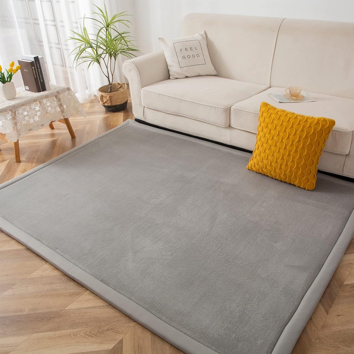MAXYOYO Grey Coral Velvet Area Rug, Thick Japanese Tatami Mat Living Room Carpet with Non-Slip Backing, Large Solid Color Mat for Bedroom Dormitory Yoga, 59 by 78 inch