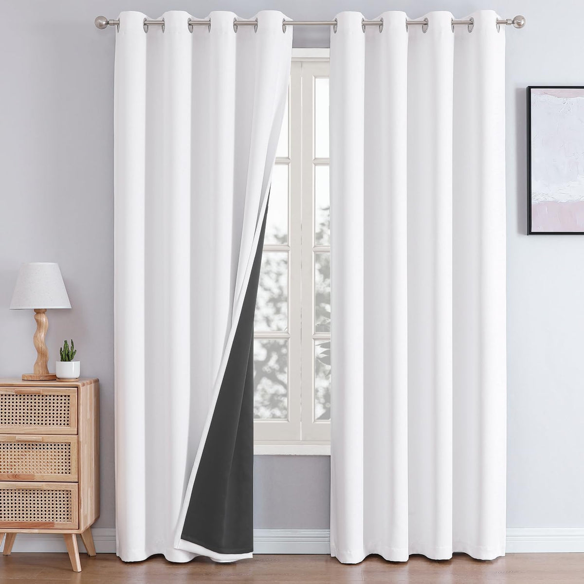 ChrisDowa White 100% Blackout Curtains for Bedroom with Black Liner, 2 Thick Layers Total Blackout Thermal Insulated Grommet Window Curtains 2 Panels Set (Pure White, 52 x 72 Inch)