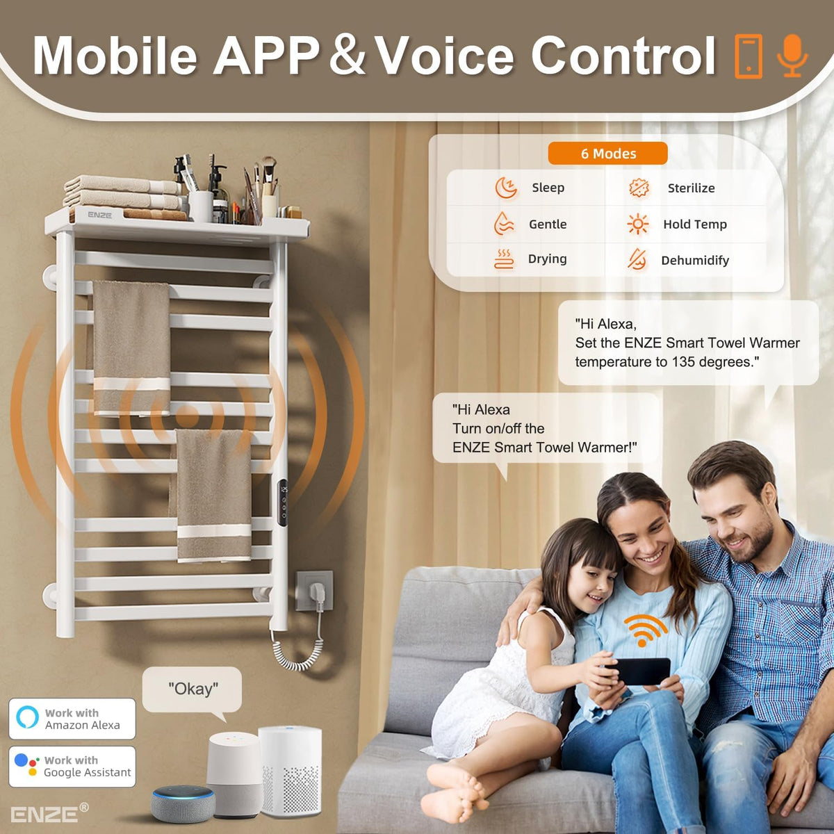 ENZE Heated Towel Rack with Shelf and Wi-Fi App Control, 11 Bars Electric Wall Mounted Towel Warmer with Timer & Adjustable Temperature, Low Carbon Steel, Plug-in/Hardwired, White