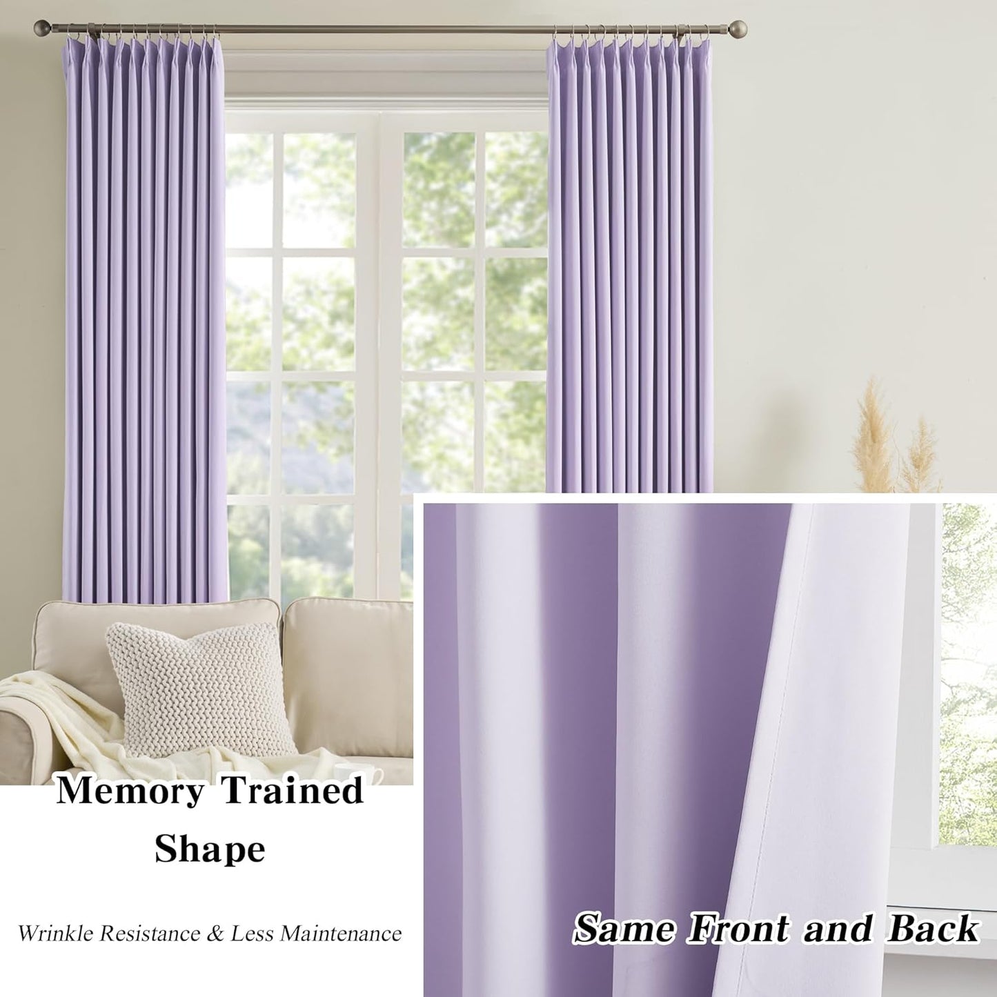 KEQIAOSUOCAI Pinch Pleated Curtains 108 Inches Long, Energy Saving Window Treatment Privacy Drapery for Living Room, Vertical Track System Elegant Hook Panels(Lavender, 2 Pieces, W40 x L108)