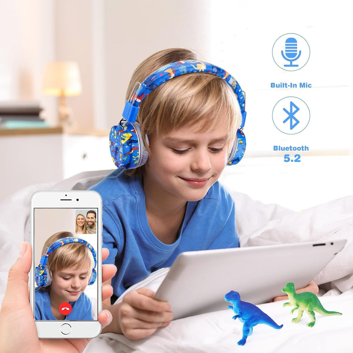 QearFun Dinosaur Bluetooth Headphones for Boys - with Microphone & 3.5mm Jack, Adjustable Headband for Kids Teens Toddlers, School iPad Tablet PC Smartphones Compatible (Blue)