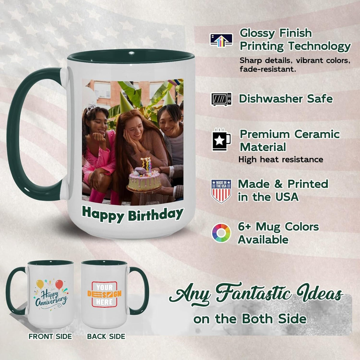 Ship Next Day Custom Mug Design Your Own Photo Text Personalized Picture Gifts for Women Men Customized Gifts Idea Personalized Coffee Mugs 11oz Dark Green Handle
