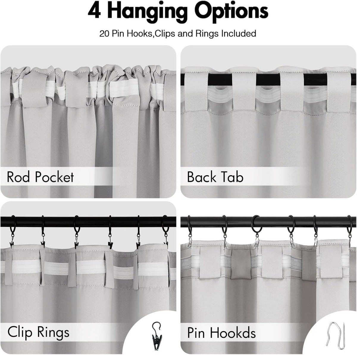 ANRODUO Back Tab Blackout Curtains for Bedroom Living Room, Rod Pocket Pinch Pleated Thermal Insulated Room Darkening Curtains 96 Inches Long 2 Panels, Greyish White, 42 x 96 Inch