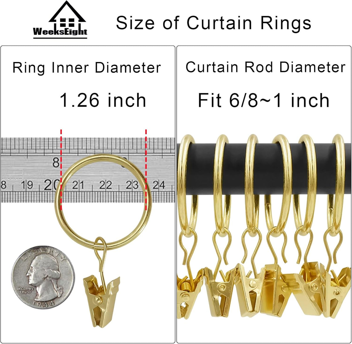 40 Pack Gold Curtain Rings with Clips, Curtain Hooks Hangers Clip Rings for Hanging Drapes Bows Hat, Drapery Rings 1.26 in I D, Fits up to 1 in Diameter Curtain Rod.