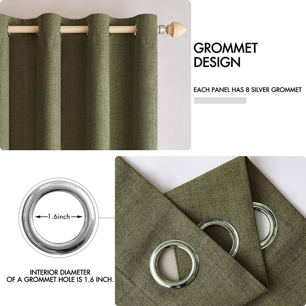 MIULEE Linen Texture Curtains for Bedroom Solid 100% Blackout Thermal Insulated Light Olive Green Curtains Grommet Room Darkening Drapes for Living Room Nursery 52x63 Inch (2 Panels)