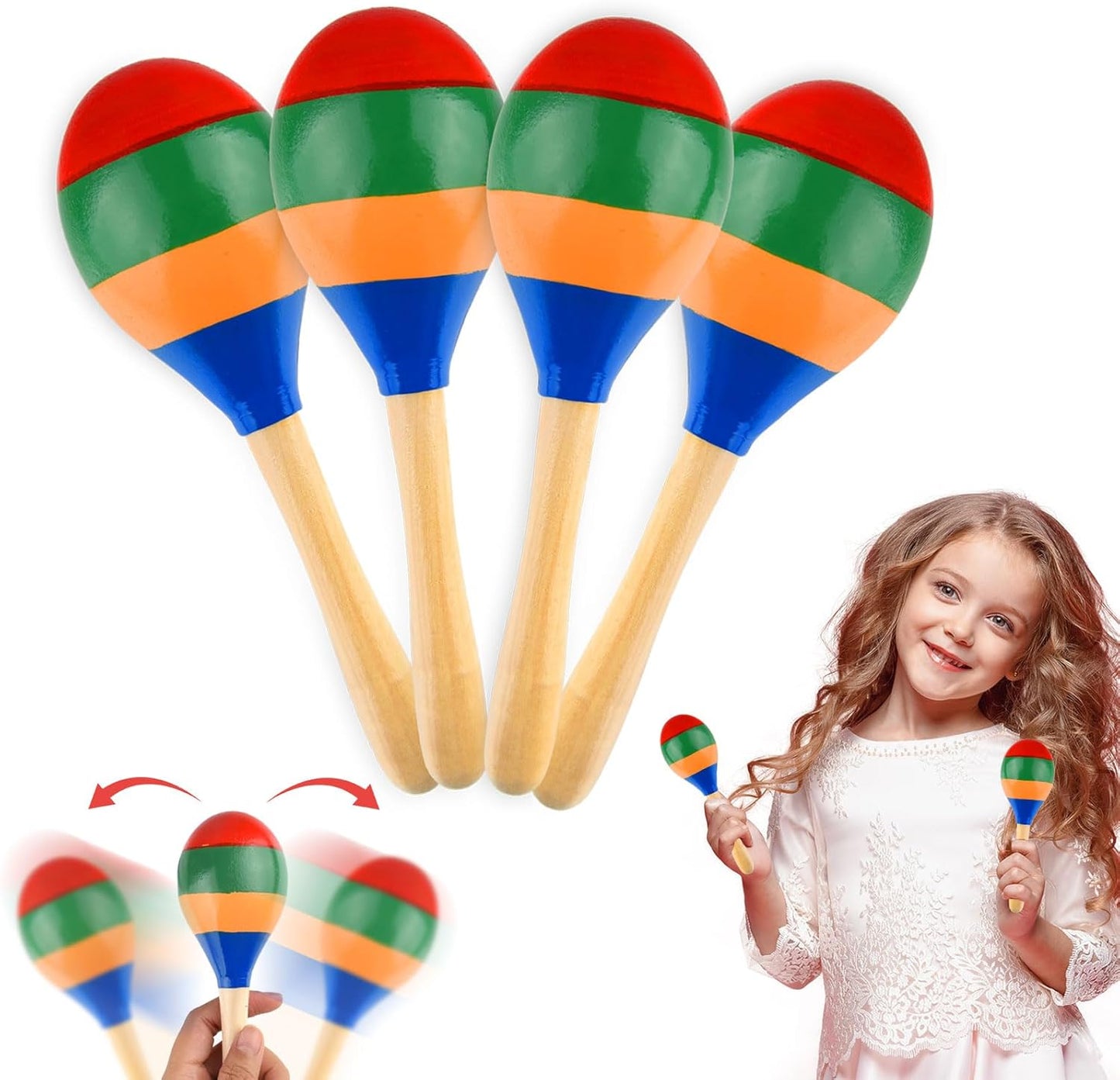 4 Pcs Maracas Hand Percussion Rattles, PLULON Colorful Wooden Maracas Rumba Shakers Rattle Latin Musical Instrument for Kids Adults Game Playing, Mexican Fiesta Cinco De Mayo Party Favors Supplies