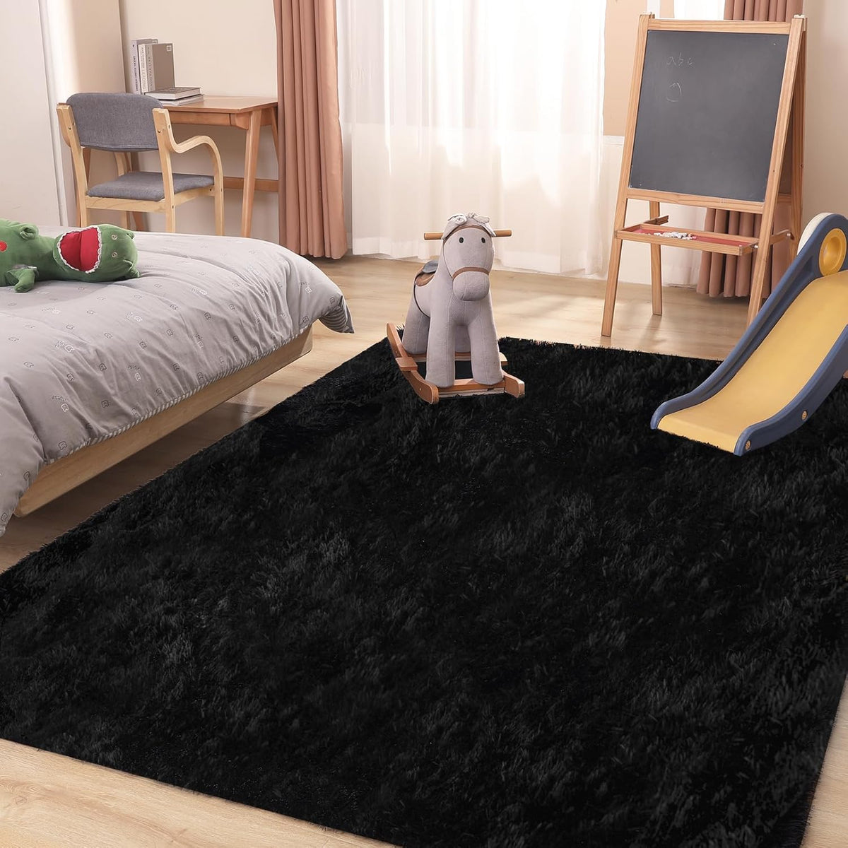 Black Rug, 6x9 Area Rugs for Living Room, Soft Plush Area Rugs for Bedroom, Non-Slip Indoor Carpet for Nursery, Study Room, Kids Room, Room Decor