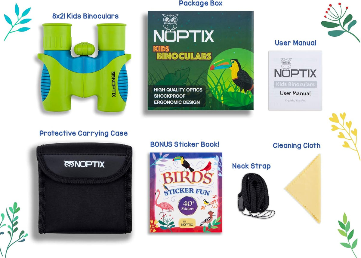 Binoculars for Kids, Girls or Boys Real Kids Binoculars in Vibrant Green Blue - Includes Sticker Book with 40 Bird Species - Small Toys for Toddlers