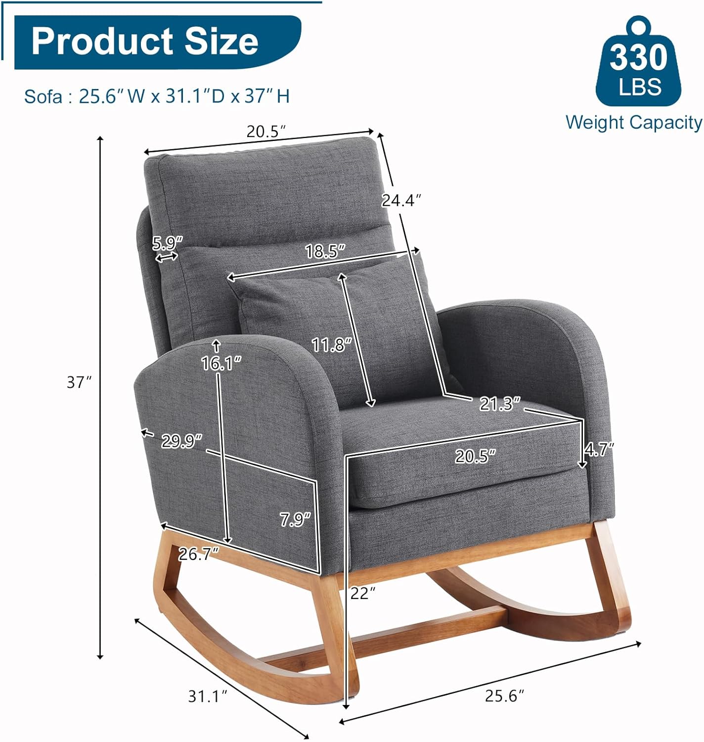 VINGLI Grey Linen Nursery Rocking Chair with Thick Headrest, Upholstered Mid-Century Modern Nursing Rocker Glider with Curved Armrest, Sturdy Solid Wood Base for Living Room, Bedroom, Baby Room