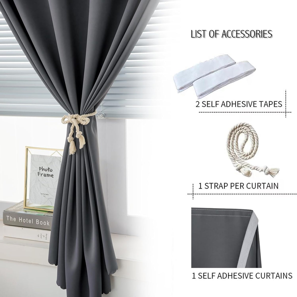 Magic Tape Stick On Curtains Window Shades Pull Down Blackout Window Cover Blackout Curtains for Bedroom No Drillng Self Adhesive Curtains No Rod Small Curtain, 59" W X 84" L, Grey, 1 Panel