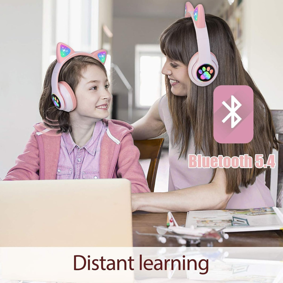 TCJJ Kids Wireless Headphones - Cat Ear LED Light Up, Bluetooth 5.4, Safe Volume Limit, Noise Cancelling with Mic & TF Card for Girls Boys Toddlers School (Pink)