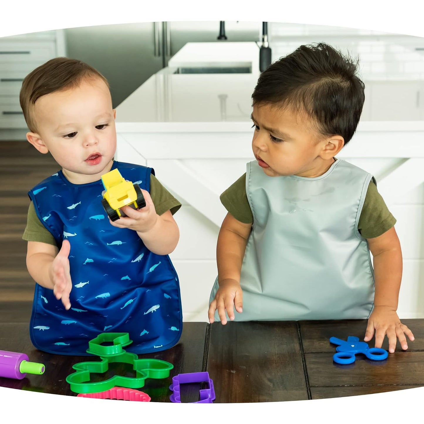 Tiny Twinkle Mess Proof Apron Bibs - 2 Pack Waterproof & Lightweight Baby Bibs for Led Weaning | 100% Recycled Polyester, Easy Clean & Machine Washable (Sage Charcoal,Small 6-24 Months)