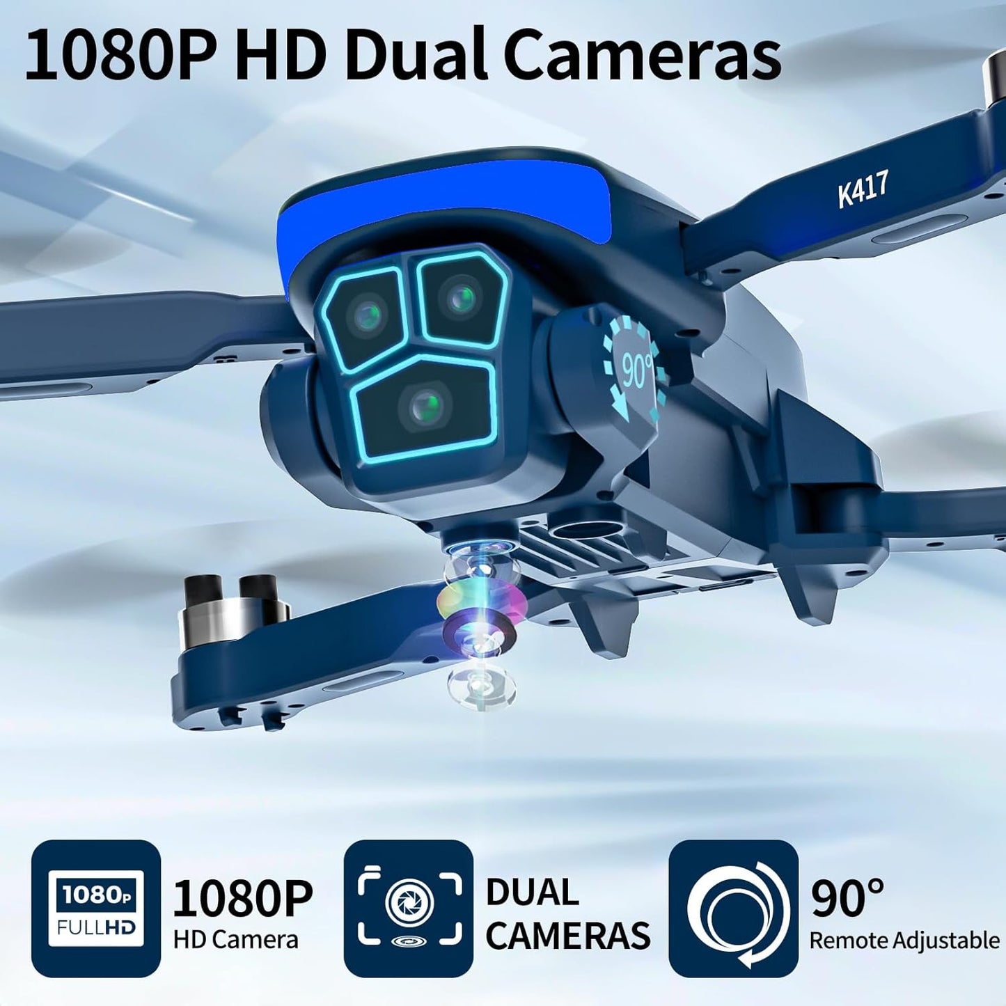 K417 Drone with 2 Cameras 1080P HD 90°Electric Adjustable FPV Drone Transmission,Blue LED Light Foldable Lightweight Remote Control Optical Flow Positioning Altitude Hold 3D Flip,for Adults Beginner