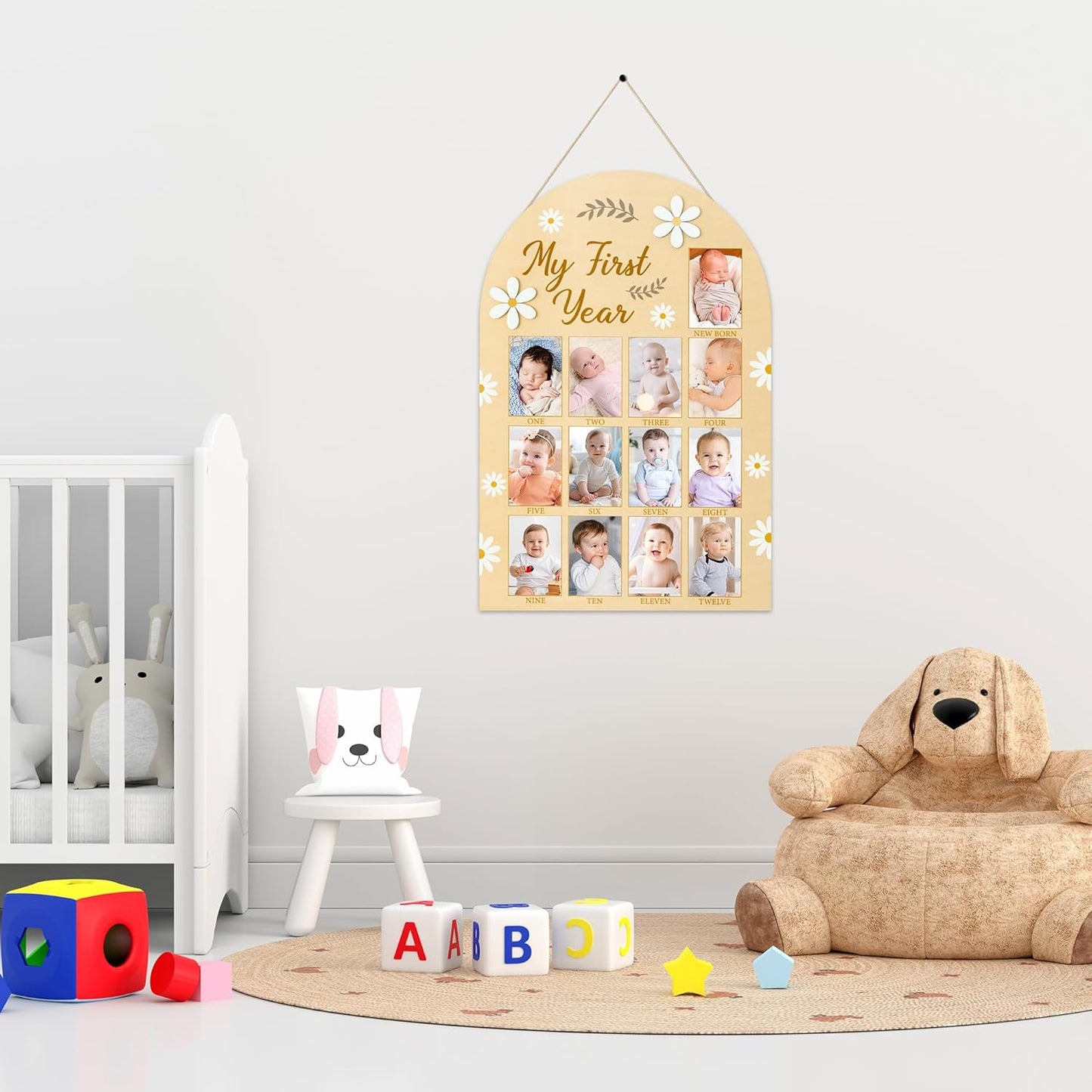 R HORSE My First Year Photo Display Wood Board, 3D Daisy Baby's First Year Picture Frame 12 Months Milestone Board Neutral Baby Keepsake Birthday Nursery Decor Gift for Boy Girl