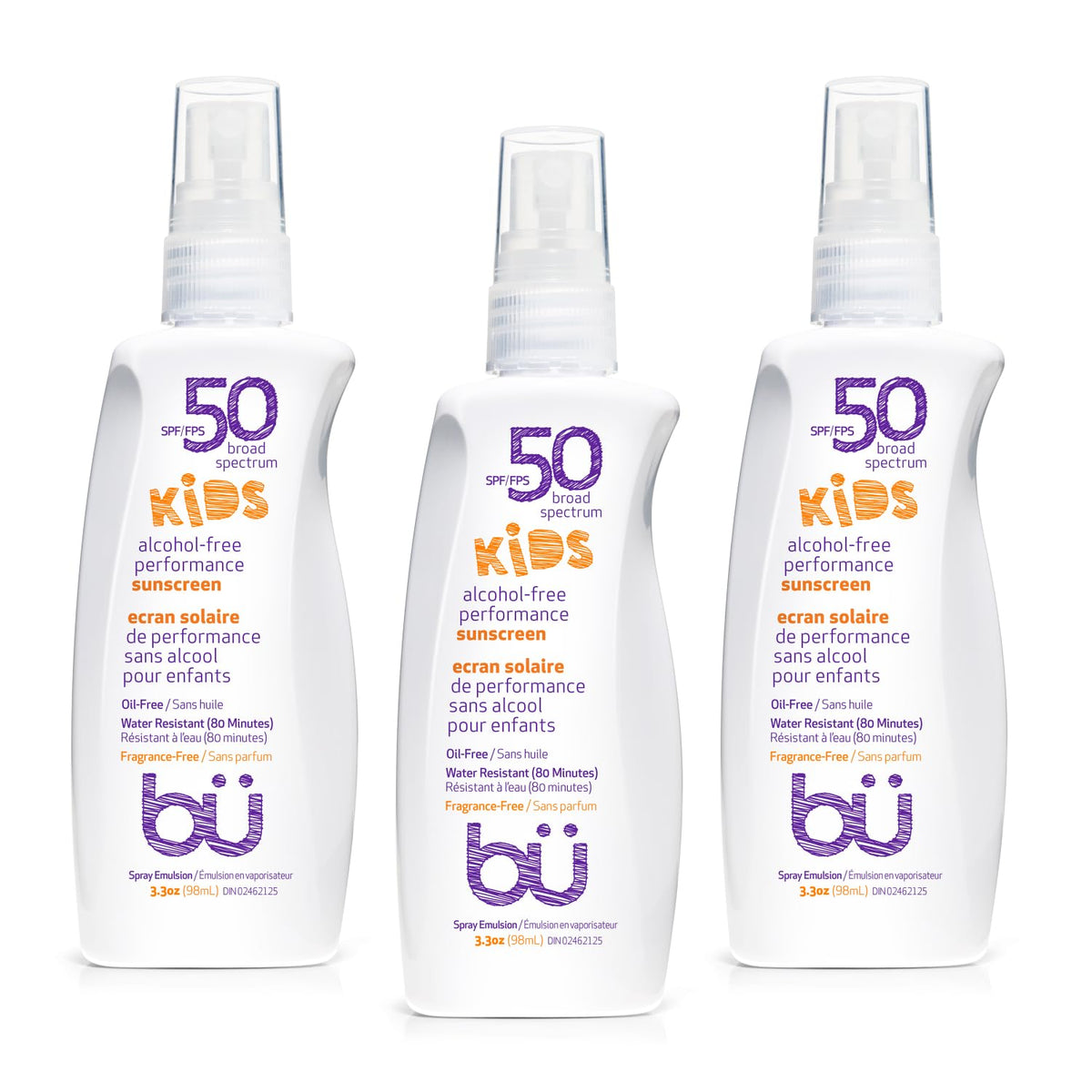 BU SPF 50 Fragrance Free Kids Sunscreen Spray for Face and Body, TSA Travel Size Sunscreen, Clear Non Aeorsol Spray, Non Greasy, Water Resistant and Oil Free, 3.3 oz (3-pack)