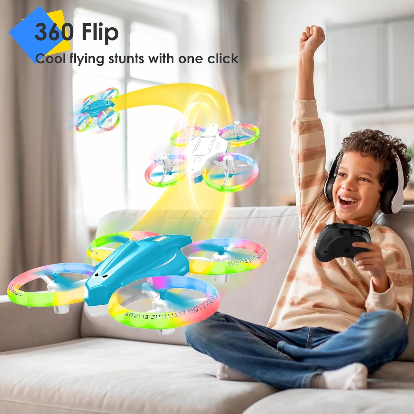 Drone, Mini Drone for Kid and Beginner with Led Light, Small Indoor Rc Drone with 360 Flip, 2 Batteries, One Key Take Off Landing, Kids Flying Toy Gift for Boy and Girl（Light Blue)