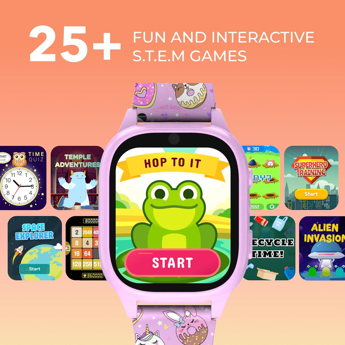 PlayZoom 4 Kids Smartwatch, Educational Tech Toy – 25+ Games, Selfie Camera, Audiobooks, Step Tracker, Water‑Resistant, Parental Controls, Long Battery, Ages 4‑12, Pink Donuts