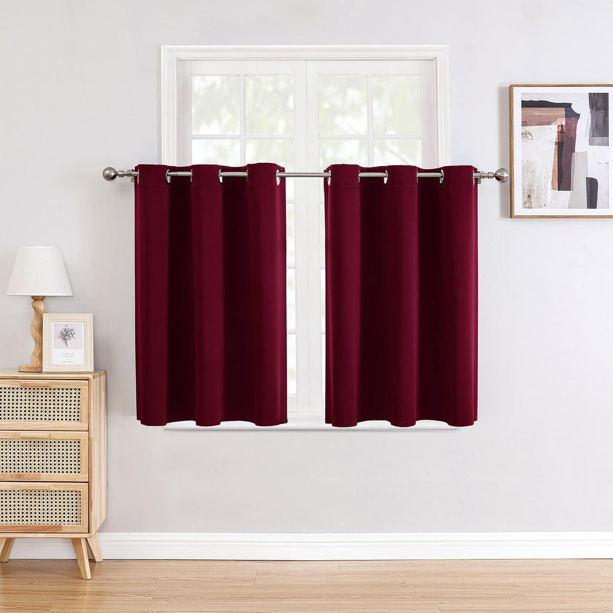 ChrisDowa Small Window Curtains for Kitchen and Bedroom - Grommet Short Thermal Insulated Room Darkening Curtains (2 Panels, Burgundy Red, 52 x 36 Inch)