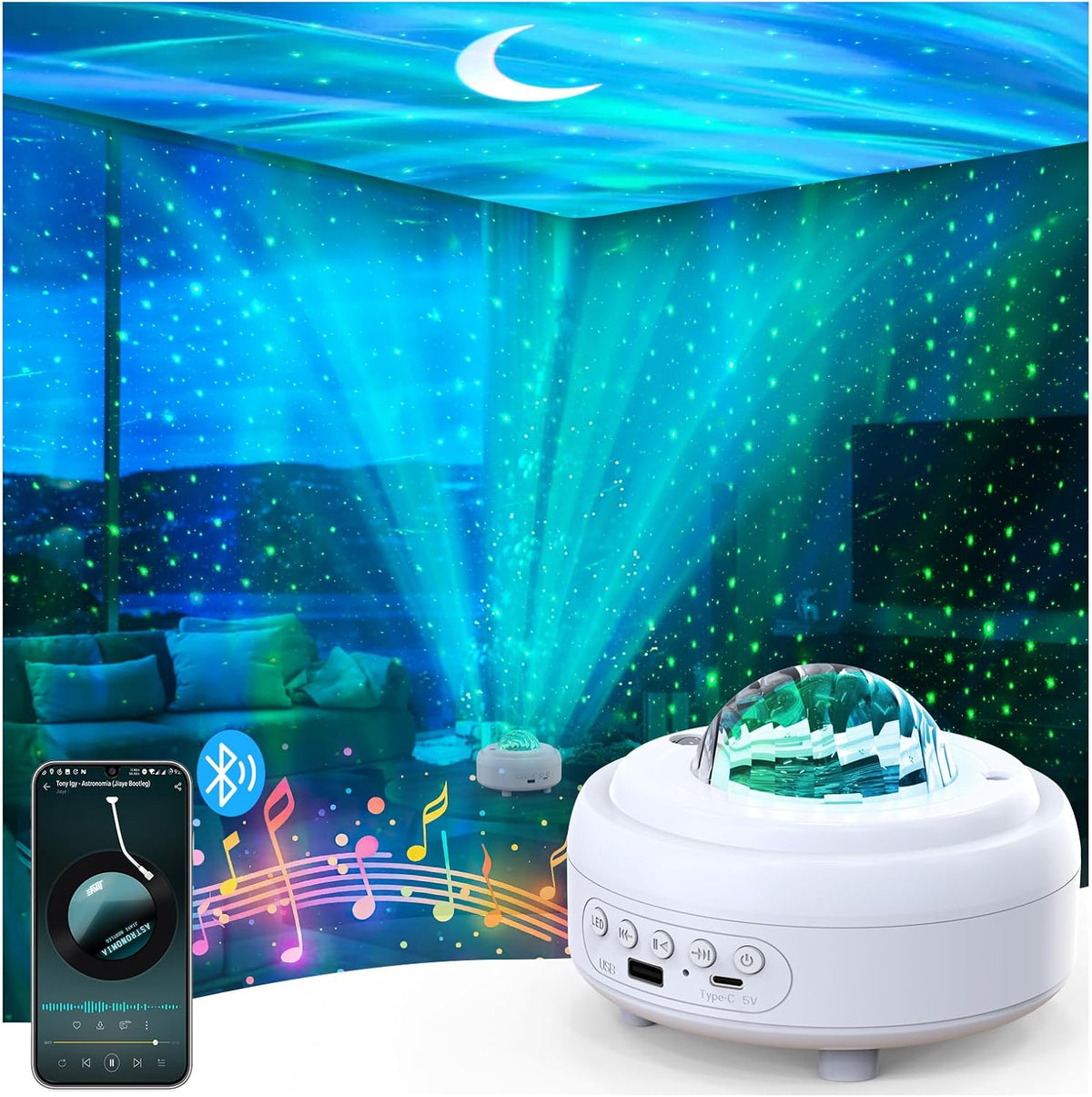 Galaxy Projector with Bluetooth Speaker, Night Light Star Projector for Bedroom, 8 Modes Northern Lights Aurora Projector with Moon, Mood Ambient Lighting for Kids Adults Room, Cord Powered