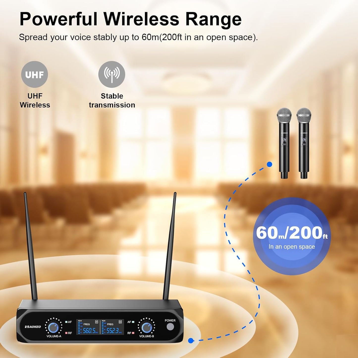 Aokeo Wireless Microphone System, Metal Wireless Mic Set with Case,Handheld Cordless Dynamic Microphones for Singing, Karaoke, Church, DJ,100ft Range