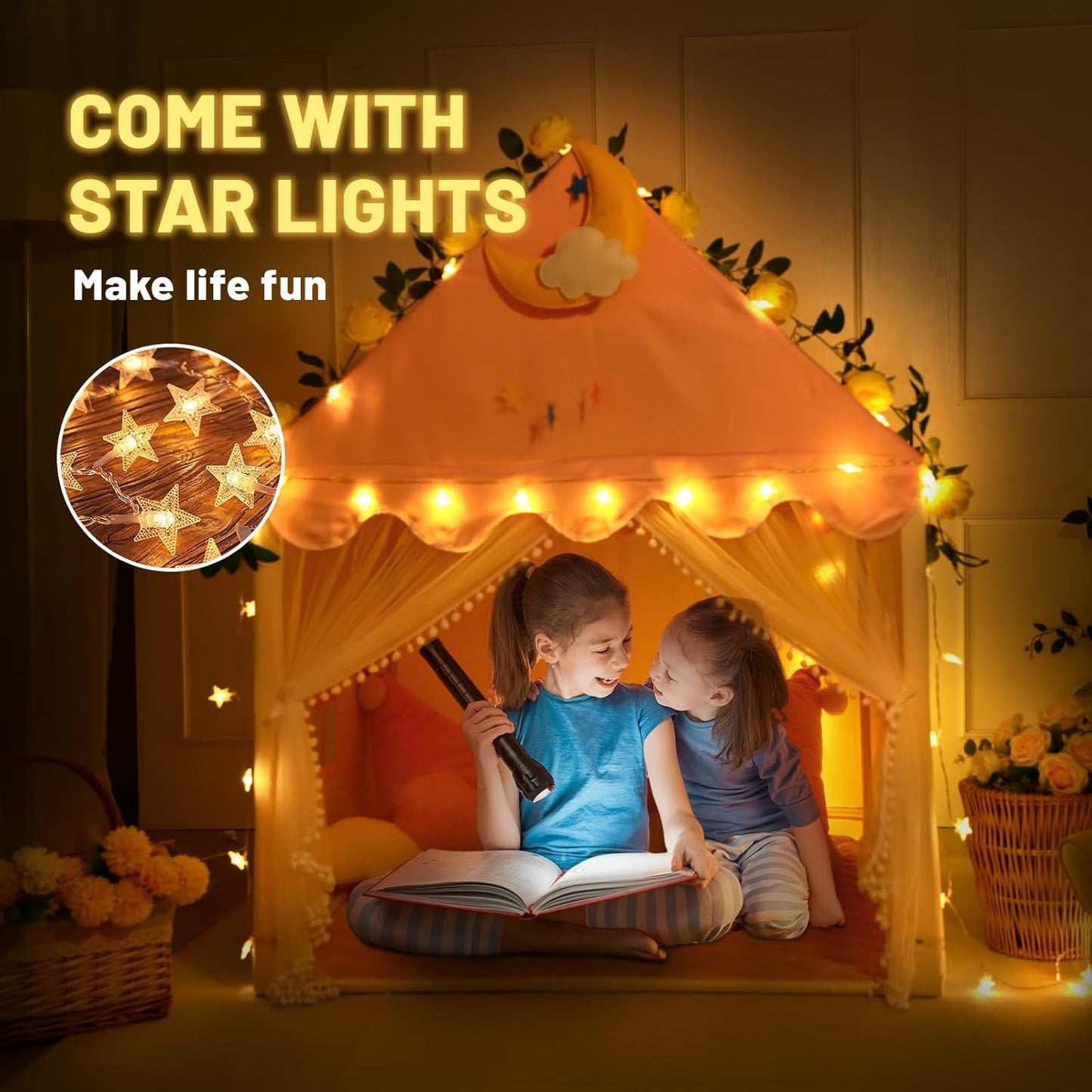 Wilwolfer Kid Tent with Mat, Star Lights - Kids Play Tents for Toddlers Kids Tents Indoor Playhouse - Princess Tent for Girls Toy House Gift (Pink with Mesh)