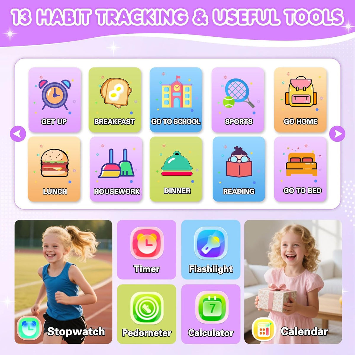 Smart Watch for Kids with 39 Games Touchscreen Camera Video, Music Player, Pedometer, Calculator, Calendar, Stopwatch, Flashlight, Alarm Clock 12/24 hr, Birthday Gifts Toys for Girls Ages 3-12