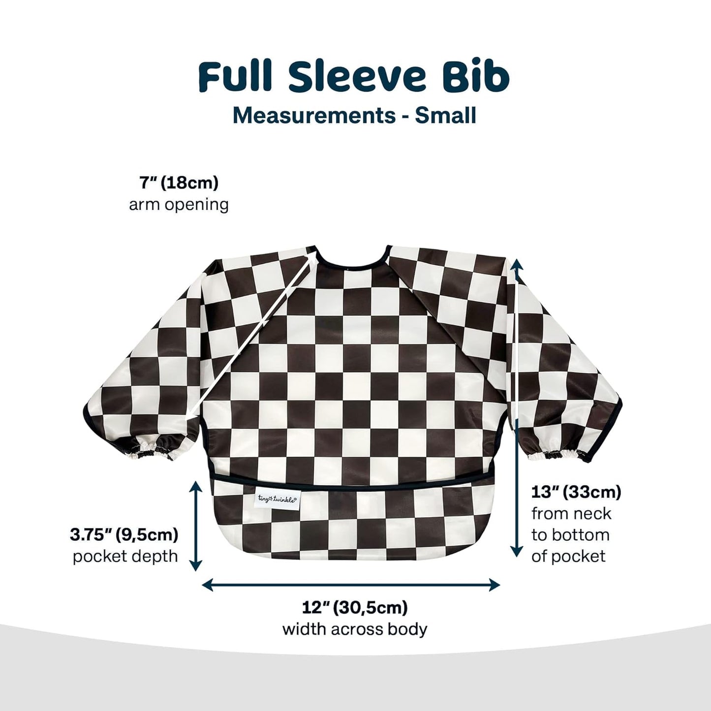 Tiny Twinkle Mess Proof Baby Bib,Waterproof Smock Baby Bib for Eating,Machine Washable Long Sleeve Bib,Baby Led Weaning,Toddler Bib,BLW Supplies(Checkers Black, Small 6-24 Months)