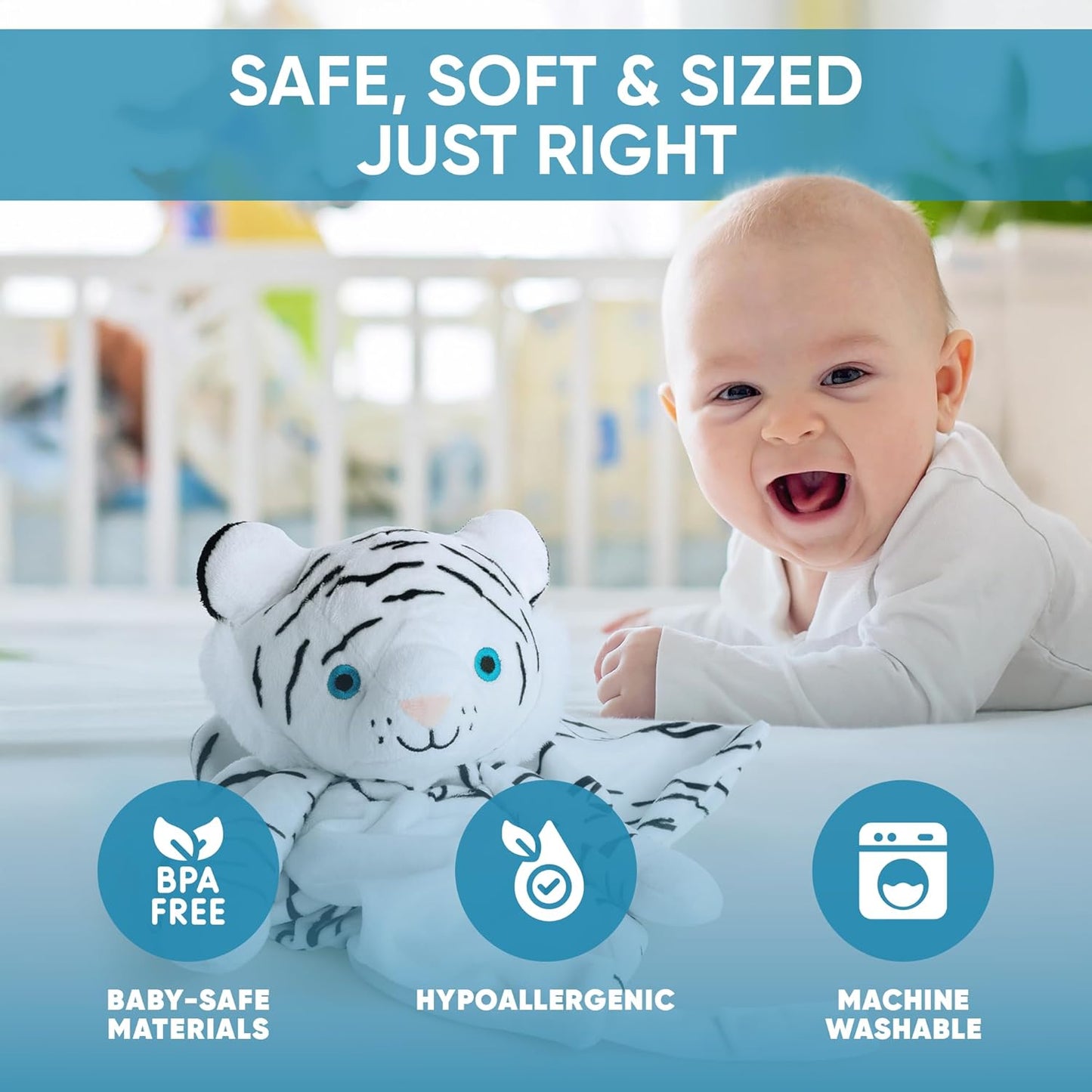 Love By Emi Baby Music Lovey White Tiger, Baby Sleep Soother for Crib & Cuddle Bedtime, White Noise with a Heartbeat & Lullaby, Plush Sound Machine Toy, Stuffed Animal for Newborns, Infants & Toddlers