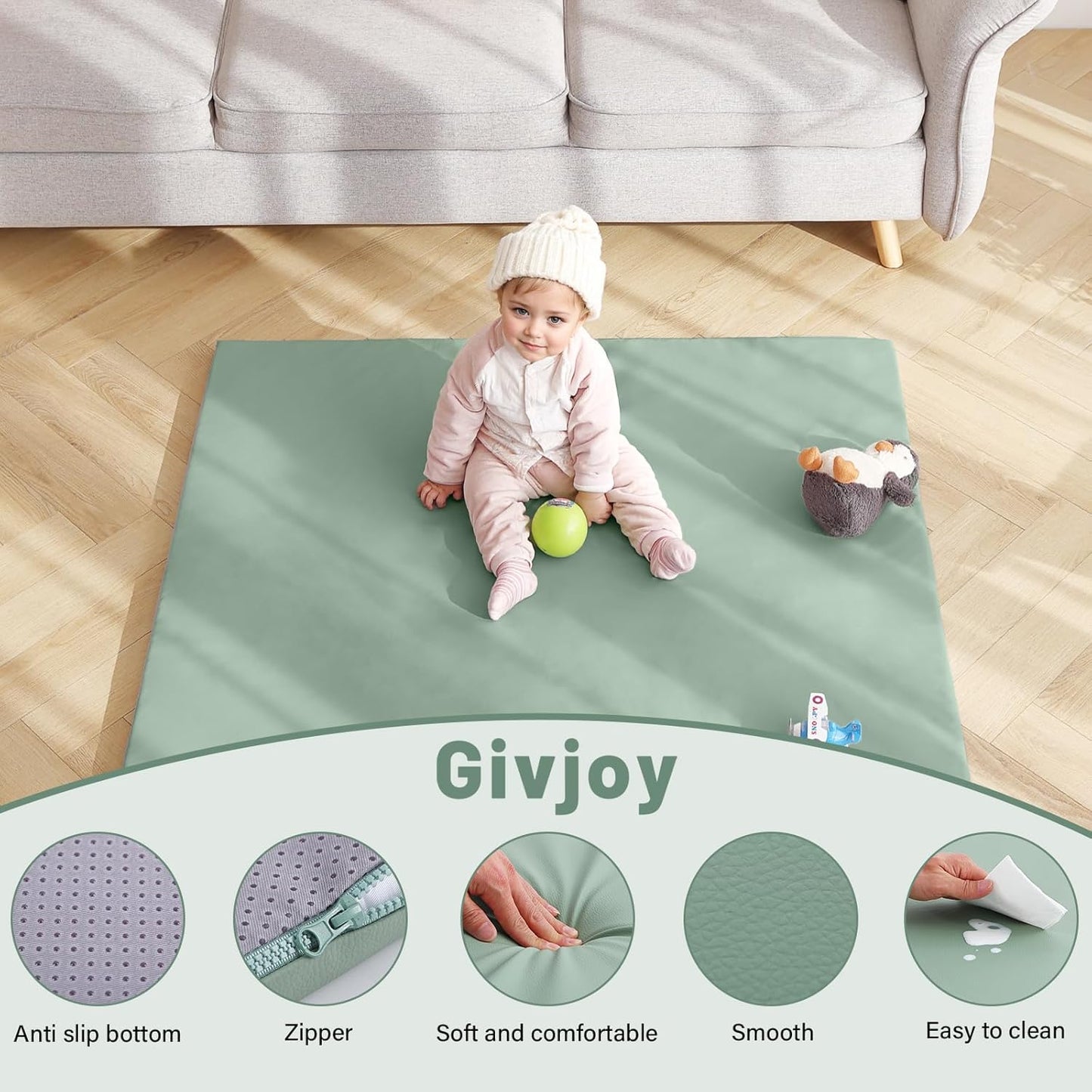 Baby Play Mat 48"x48" – Thick, Non-Slip Foam Mat for Babies and Toddlers. Foldable, Scrubbable, Odorless, and Soft, Ideal for Playpens, Crawling, and Indoor Playtime-Green