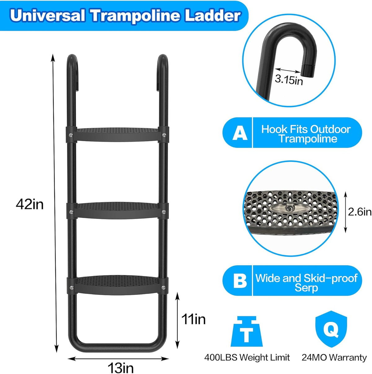 Trampoline Ladder Slide Kit, Trampoline Universal 3 Steps Ladder & Buffer Slide, Universal Trampoline Slide Stairs for 10 12 14 ft and More Frame, Trampoline Accessories Easy to Climb for Kids