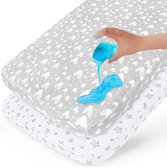 Waterproof Crib Mattress Protector 2 Pack, 100% Organic Cotton Crib Mattress Sheet, Fitted Crib Sheet, Ultra Soft & Breathable Toddler Bed Sheets for Boys and Girls, White & Grey Star Print