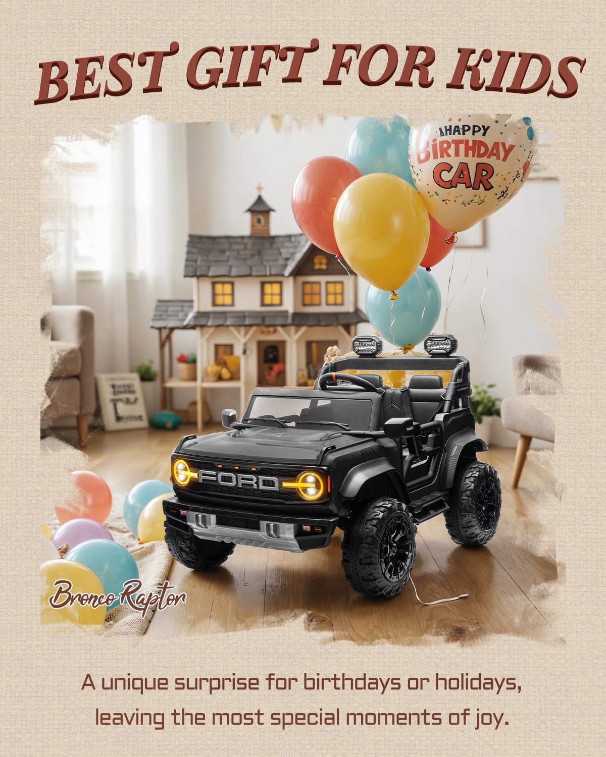 24V Ride on Toys for Big Kids, Licensed Ford Bronco Raptor Electric Car 2 Seater with Remote Control, Kids Ride on Cars w/ 2-Seater, 4.3 Mph Max Speed, Soft Start Function (24V, Black)