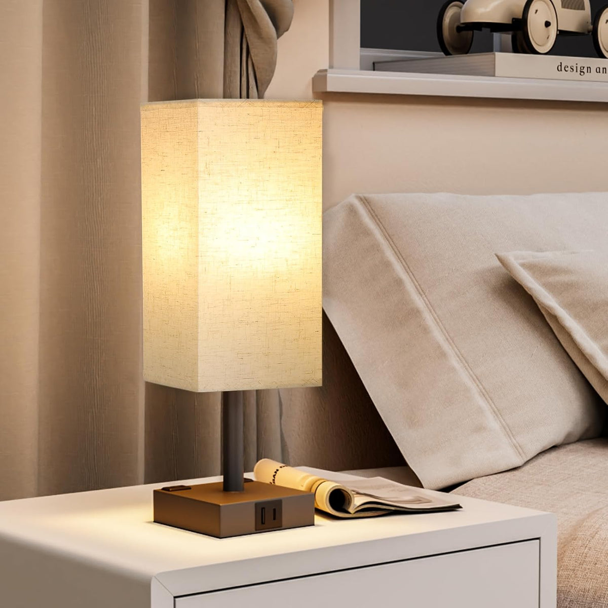 Touch Bedside Table Lamp for Nightstand - 3-Way Dimmable Night Lamp with USB A + Type C Charging Ports and Two AC Outlets, Small Desk Light with E26 LED Bulb for Bedroom Living Room Dorm, Beige