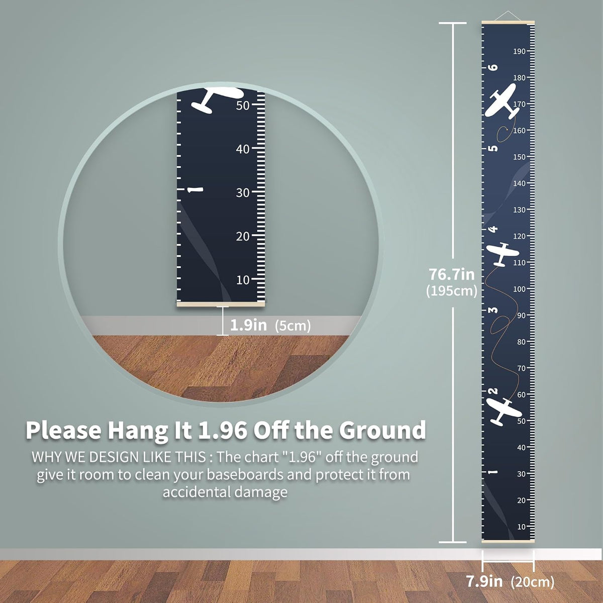 Growth Chart for Kids Height Measurement Ruler for Child Growing Blue Plane Wall Tracker Measuring Stick Maker Toddler Bedroom Nursery Room Decor