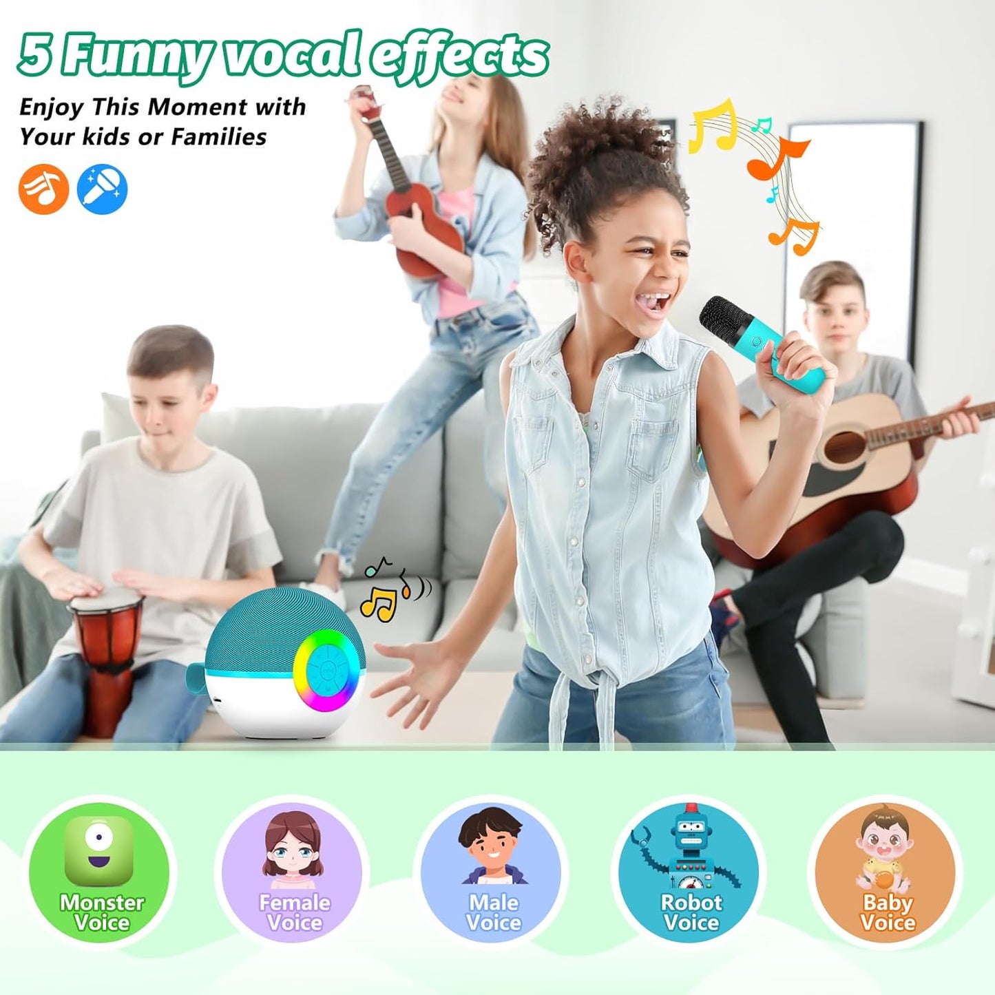 goopow Mini Karaoke Machine Speaker for Kids Adults, Portable Bluetooth Microphone Song Toys with LED Light, Best Chritmas Birthday Festival Gift for 3 4 5 6 7 8+ Year Old Girls Boys (Green-2MIC)