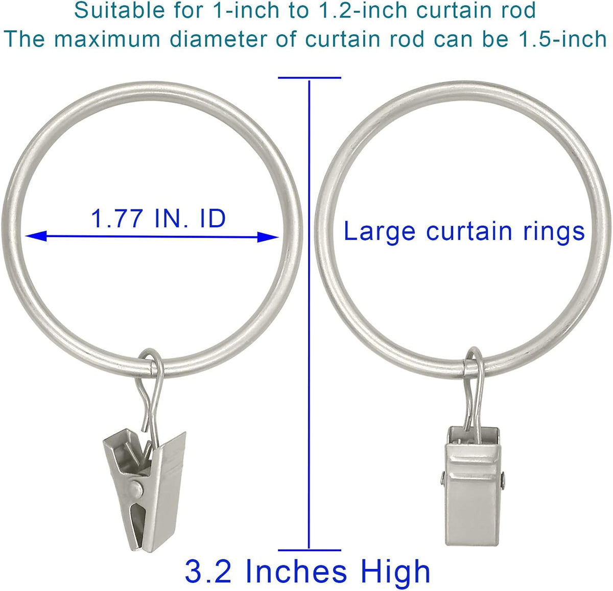 40 Pack Matte Silver Curtain Rings with Clips, Curtain Hooks Hangers Clip Rings for Hanging Drapes Bows Hat, Drapery Rings 1.77 in I D, Fits up to 1.5 in Diameter Curtain Rod.