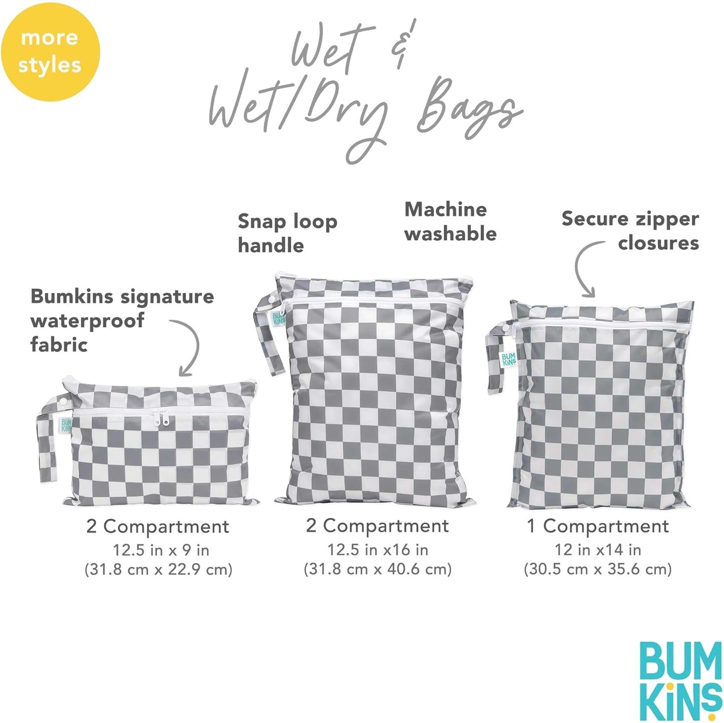 Bumkins - Waterproof Wet Bag - For Baby, Travel, Swim Suit, Cloth Diapers, Pump Parts, Pool, Gym, Toiletry, Strap to Stroller - Reusable & Easy to Clean - 2pk - Gray & Green Stripe