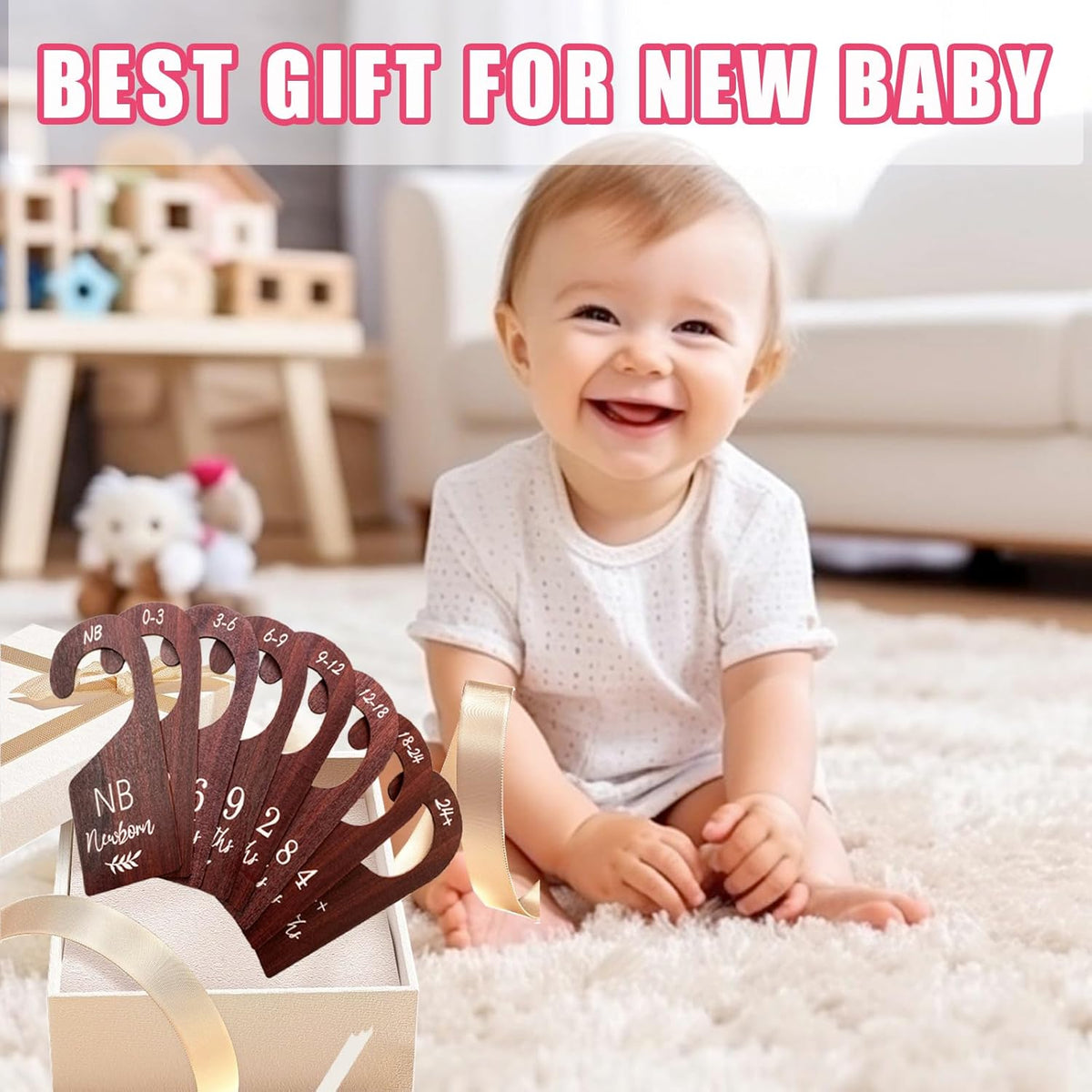 Baby Closet Dividers, Hanging Wooden Double-Sided Nursery Decor Closet Dividers for Baby Clothes, Baby Clothes Dividers for Newborn to 24 Months Size Clothes (Brown, 8pcs)