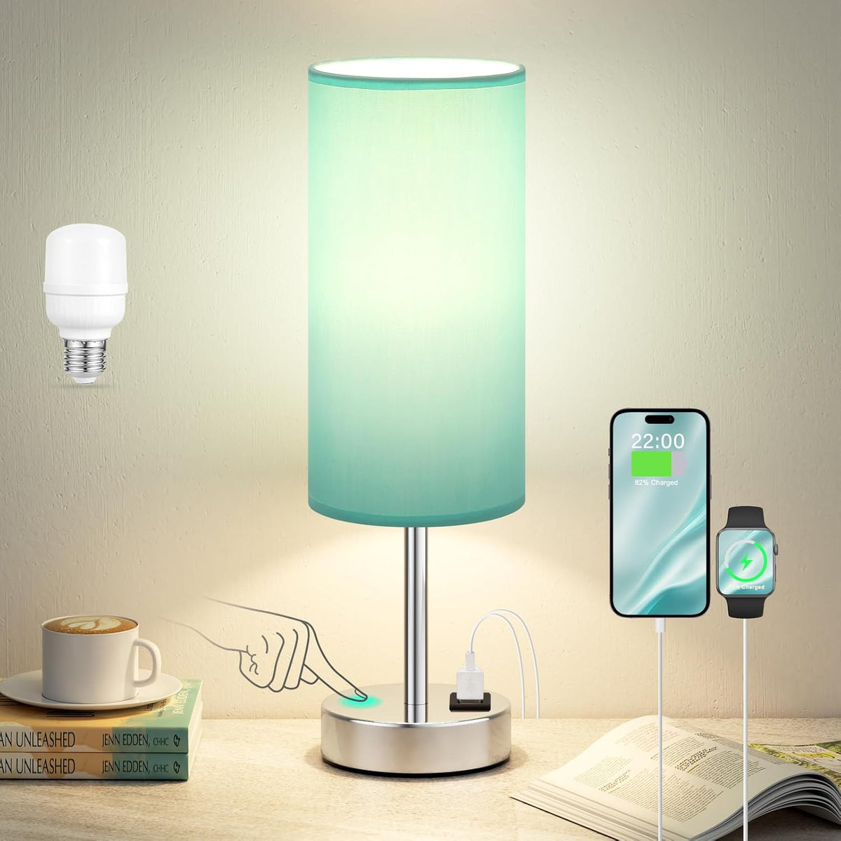 Teal Touch Bedside Lamps for Bedroom - Small Coastal Nightstand Lamp with USB-C and USB A Charging Ports, 3 Way Dimmable Control Table Lamp for Office, Dorm with Fabric Shade Silver Base