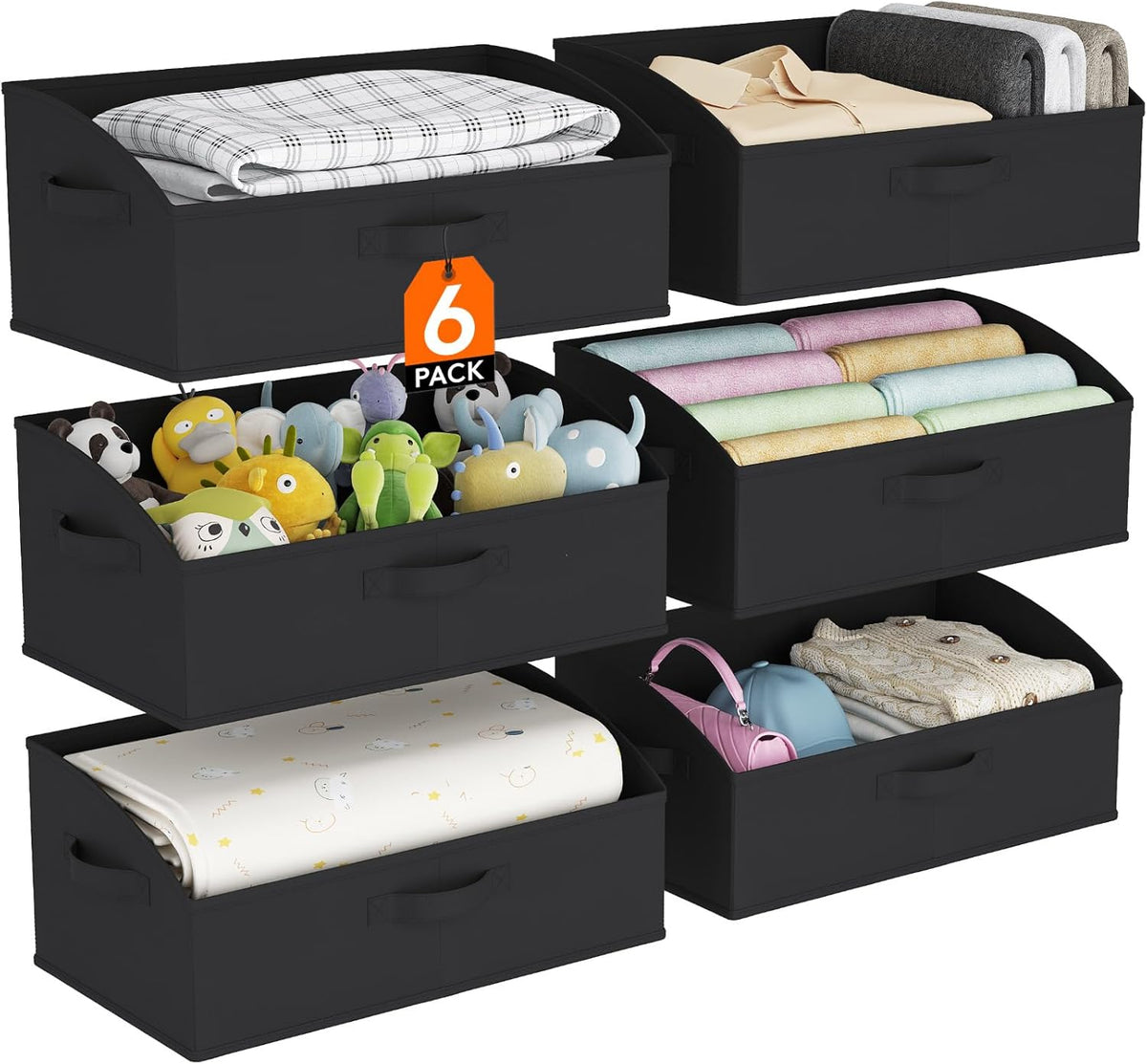 Lifewit Storage Baskets for Shelves, 6 Packs Non-woven Fabric Trapezoid Closet Organizer Bins with Handles, Foldable Clothing Containers Box for Clothes, Toy, Towel, Book, DVD, Hats, Large-Black