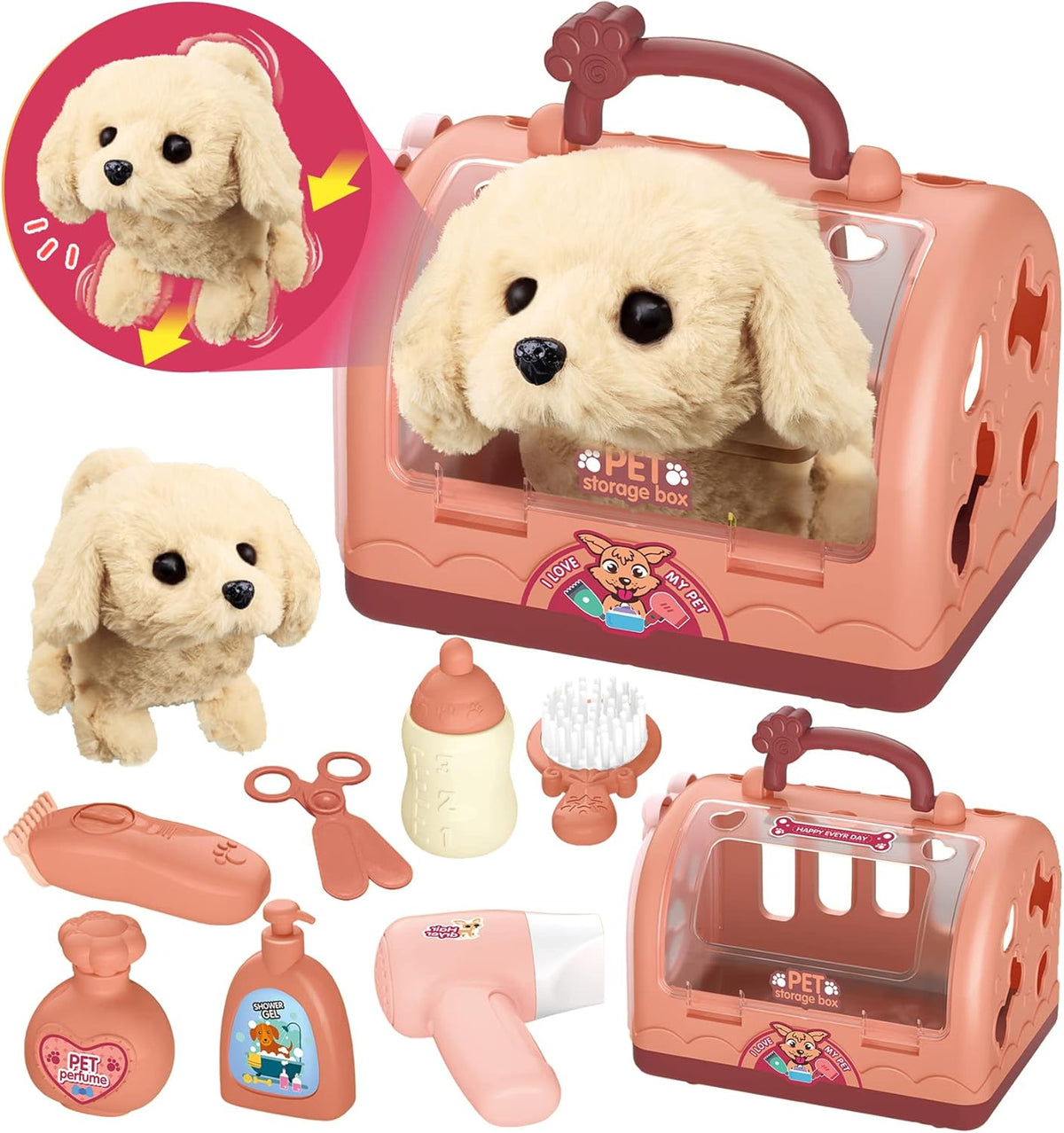 TEUVO Pet Care Play Set Robot Dog Toys for Kids 12Pcs Puppy Dog Toy Pet Walk Grooming Vet Toys Set with Interactive Electric Dog Plush & Cage Pretend Play Gifts for Girls Toddlers 3 4 5 6 7 8 Year Old