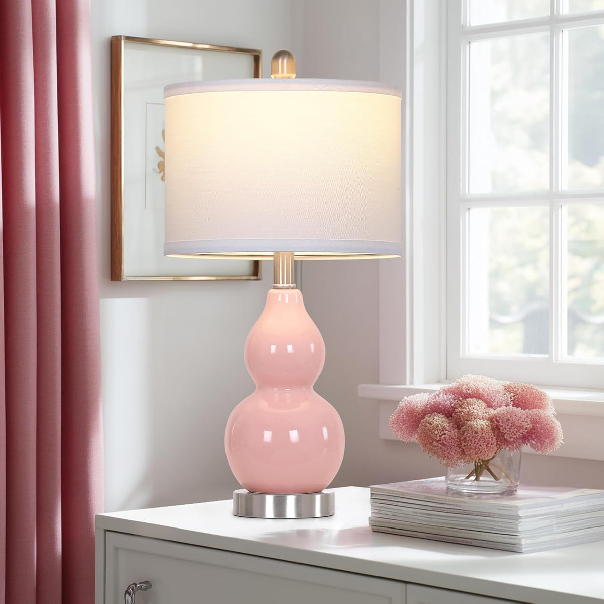 22" Double Gourd Ceramic Table Lamps Set of 2, Pink Modern Bedside Lamps for Living Room, Contemporary Nightstand Desk Lamps for Bedroom End Table Home Office Decor(2 LED Bulbs Included)