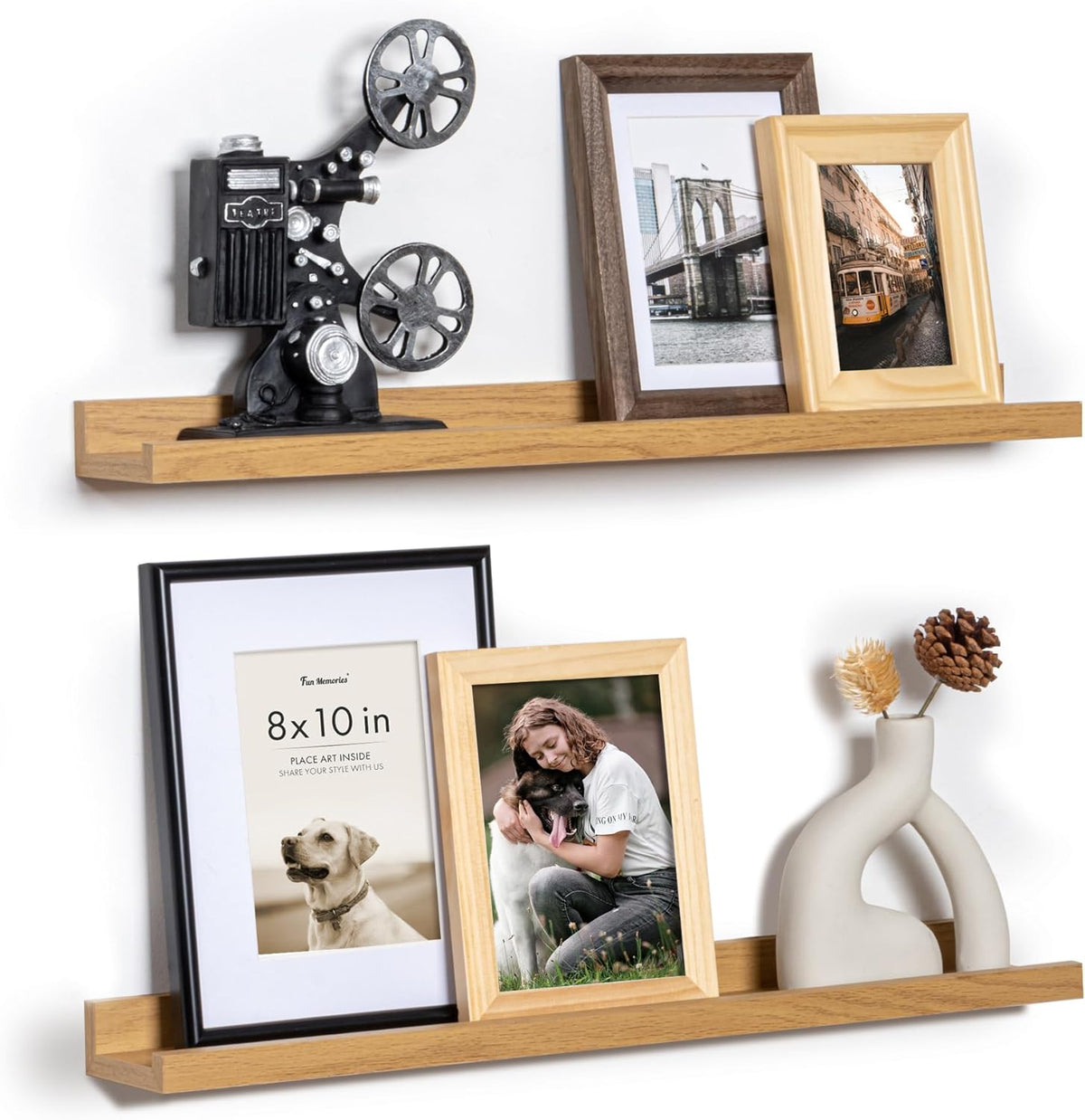 Fun Memories Picture Ledge Shelf, 24 Inch Floating Shelves Set of 2, Nursery Book Shelves for Toys Storage, Kids Bookshelf Wall Mounted for Wall Decor Books Photo Frames, Oak