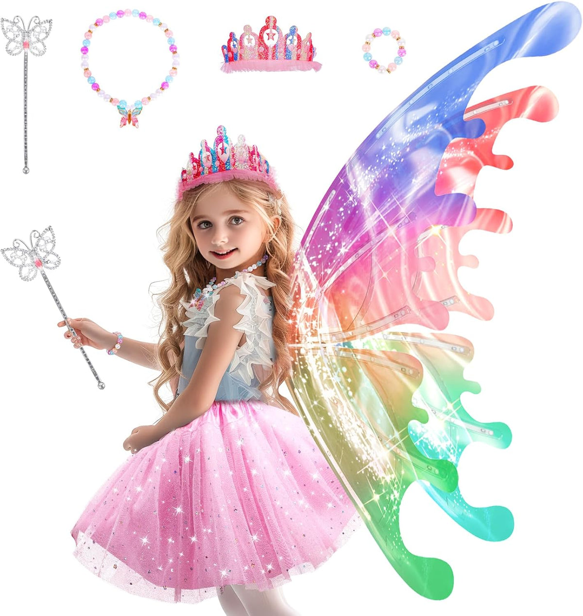 Princess Dress up Costume with Electric Fairy Wings for Girls 3-8, Light Up Moving Butterfly Wings with LED Lights&Music, Christmas Birthday Gift Princess Dresses with Crown/Wand/Bracelets/Necklaces