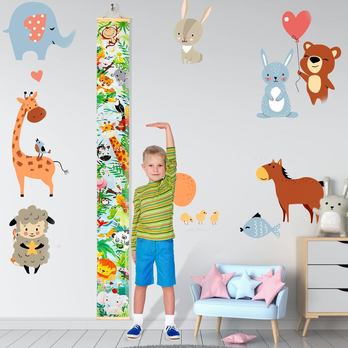 Kids Growth Chart Height Measuring Chart, Animal Jungle Canvas Wall Hanging Rulers for Baby Children Girls Bedroom Decor 74.8''* 7.87'' (Animal)