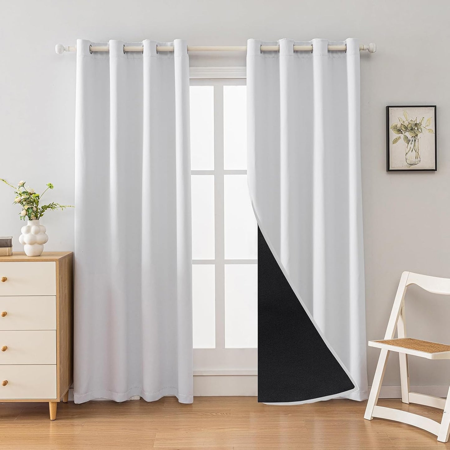 Anytime 100% Blackout Curtain Set, Thermal Insulated & Energy Efficiency Window Draperies for Guest Room, Full Shading Panels for Shift Worker and Light Sleepers（Greyish White, 2 Panels, 52W x 72L）