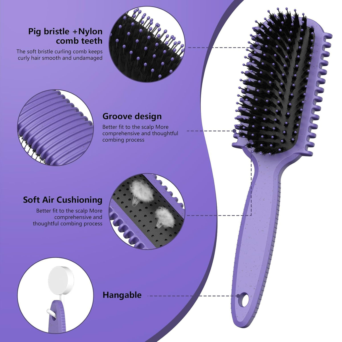Curl Defining Brush, Curly Hair Brush, Slick Back Hair Brush, For Combing and Shaping Curls in All Hairstyles to Reduce Pulling (Purple)