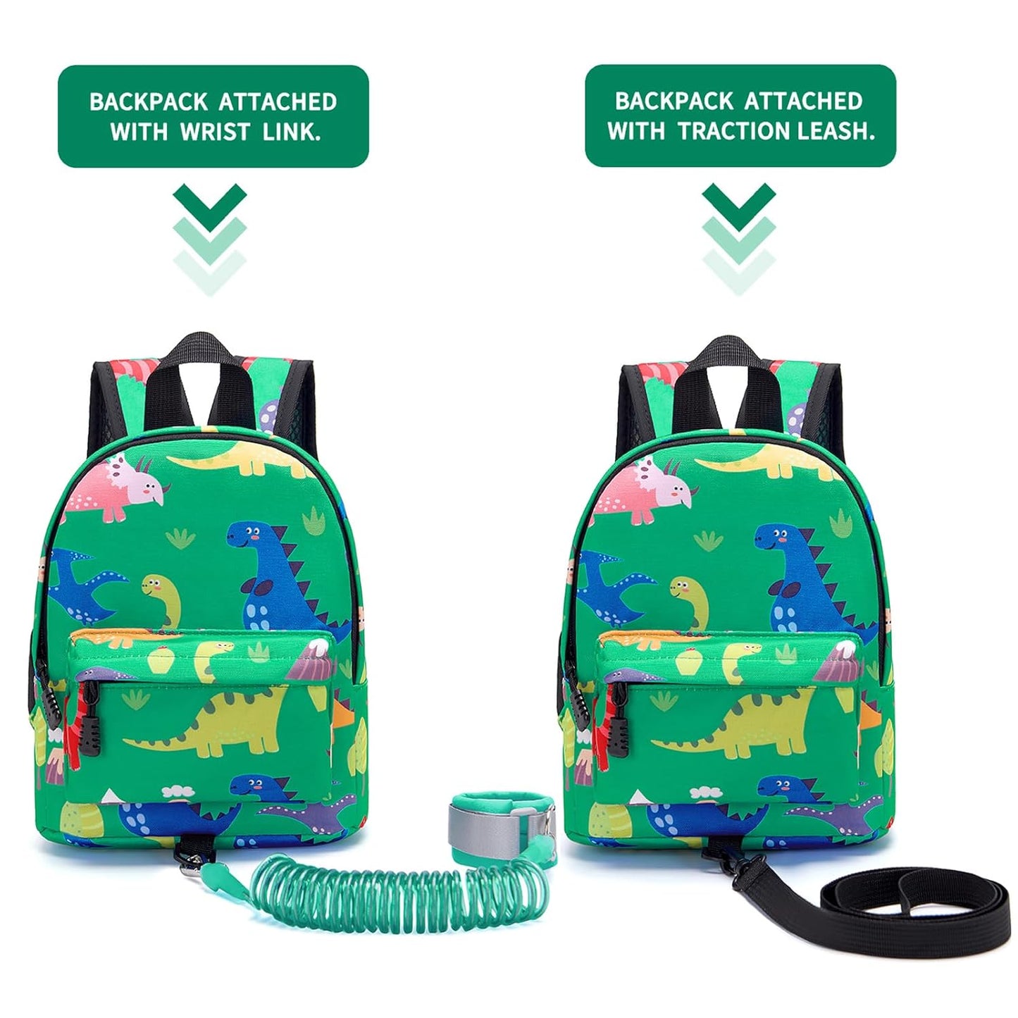 Accmor Toddler Backpack Leash with Anti Lost Wrist Link, Cute Mini Child Walking Harnesses Keep Kids Close Back Pack Rope Tether Rein for Baby Boys (Green/Dino)